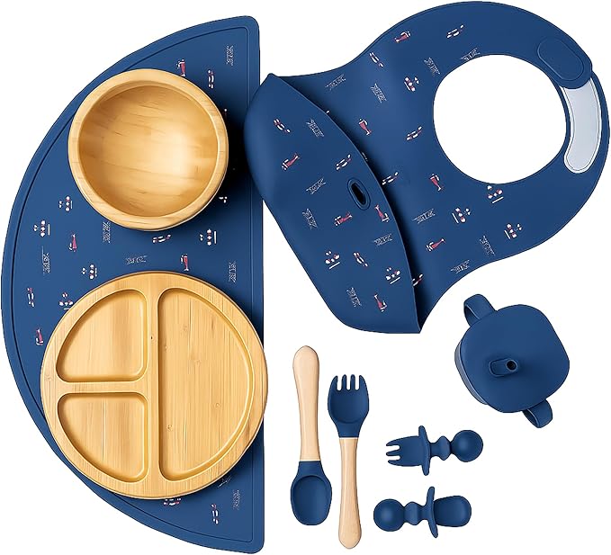 Bamboo Baby Feeding Set for Infants & Toddlers - Baby Essentials, Non-Toxic, Sustainable, Bamboo Suction Plate & Bowl, Bib, Sippy Cup w/Lid & Straw, Perfect Baby Shower Gifts (Midnight Blue)-CubbioJoy