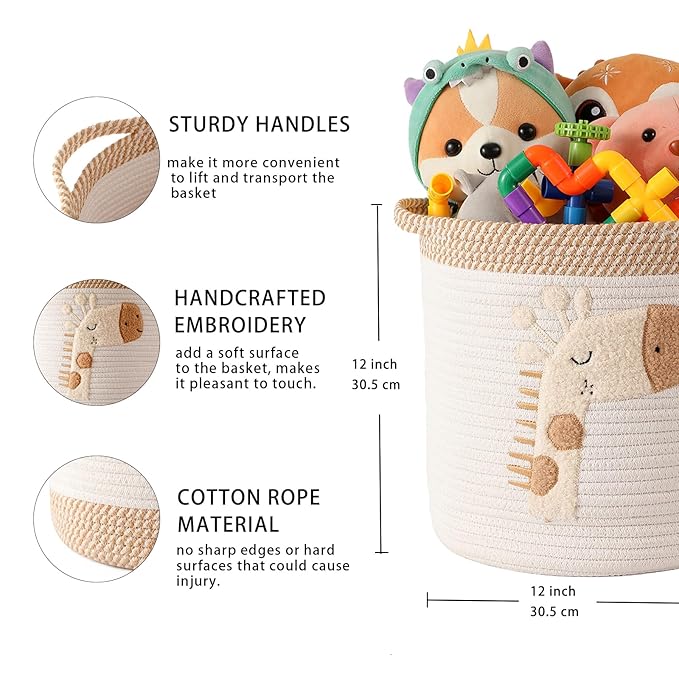 INough Toy Storage Baskets Woven Cotton Rope Storage Basket for Kids, Blanket Baskets for Living Room Toys Organizer with Embroidery Decor, Cute Baskets with Handle for Nursery, Playroom (Giraffe)-CubbioJoy