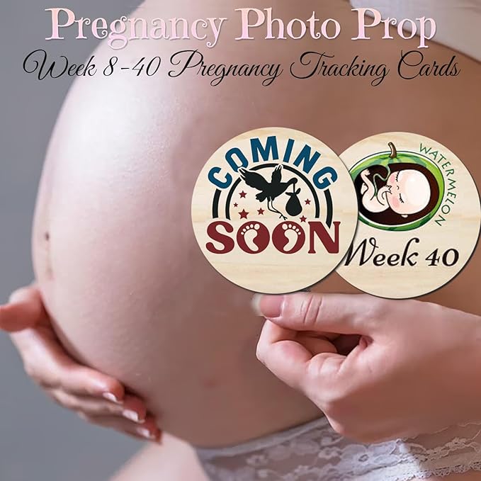 42 Designs Pregnancy Weekly Milestone Signs - Wooden Weekly Baby Bump Tracker Milestone Discs - Trimester Pregnancy Must Haves - Essential Gifts for Mommy to Be (Pregnancy Milestones Cards)-CubbioJoy