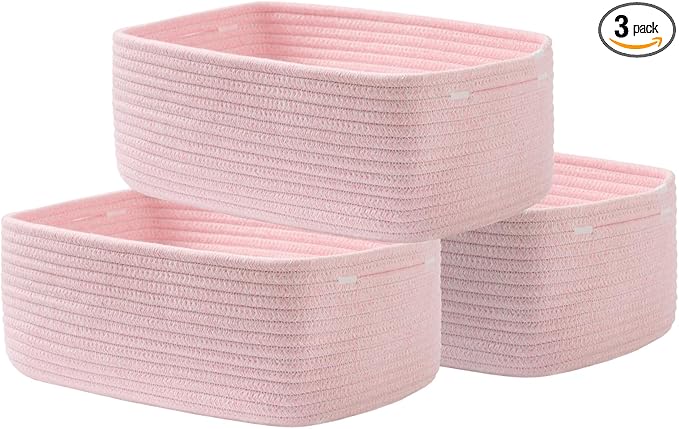 KALLAX Small Woven Basket, 13.5 x 9.5 x 5 Inches, Storage Basket for Organizing, Cute Small Rope Shelf Closet Cube Storage Bins Baskets for Shelves, Dog Toy Gift Baskets Empty, 3 Pack Light Pink-CubbioJoy