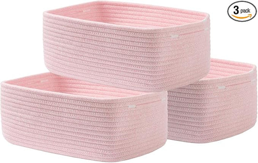 KALLAX Small Woven Basket, 13.5 x 9.5 x 5 Inches, Storage Basket for Organizing, Cute Small Rope Shelf Closet Cube Storage Bins Baskets for Shelves, Dog Toy Gift Baskets Empty, 3 Pack Light Pink-CubbioJoy