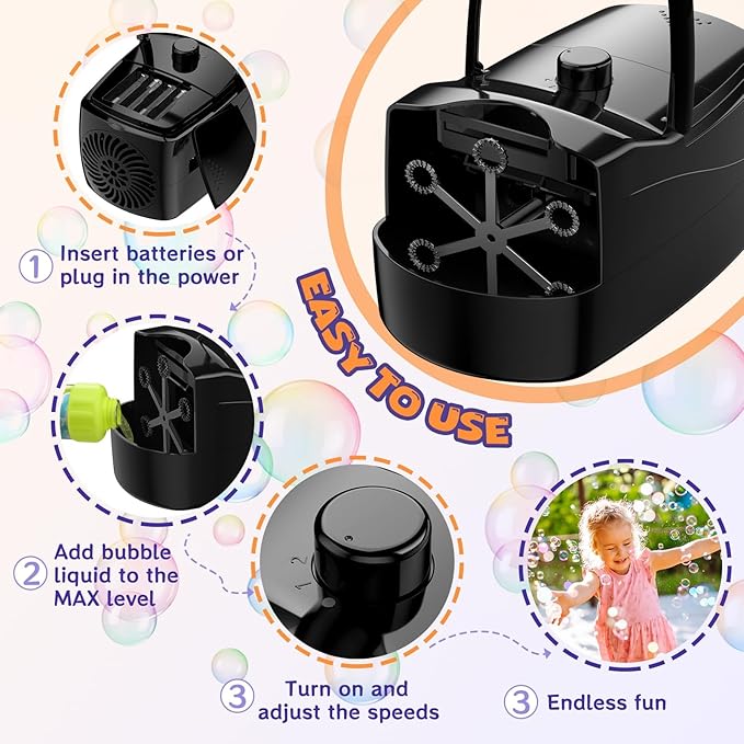 Bubble Machine - 18000+ Bubbles Per Minute, 2 Speed Settings, Battery/USB Powered Outdoor Bubble Blower for Toddlers, Birthday Parties, Weddings (Black)-CubbioJoy