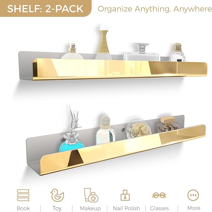 2 Pack 24 Inch Gold Reflective Acrylic Shelves, Gold Foating Shelves, Modern Sunglasses Essential Oil Picture Ledge Display Toy Storage Shelf-CubbioJoy