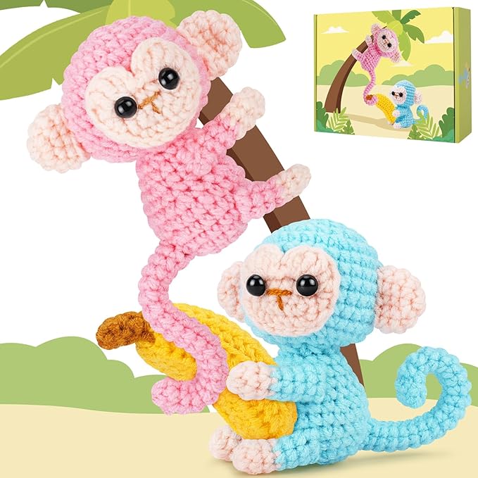 Crochet Kit for Beginners - 2 PCS Monkey with Banana Crochet Kits with Step-by-Step Video Tutorials, Beginner Crochet Kit for Adults, Crochet Monkey Kit for Kids (Blue & Pink)-CubbioJoy