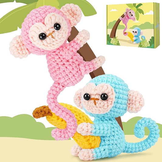 Crochet Kit for Beginners - 2 PCS Monkey with Banana Crochet Kits with Step-by-Step Video Tutorials, Beginner Crochet Kit for Adults, Crochet Monkey Kit for Kids (Blue & Pink)-CubbioJoy