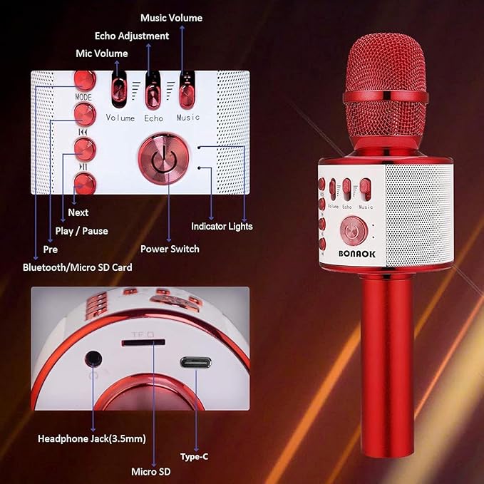 BONAOK Wireless Bluetooth Karaoke Microphone,3-in-1 Portable Handheld Mic Speaker Machine Birthday Home Party for PC or All Smartphone(Q37 Red)-CubbioJoy