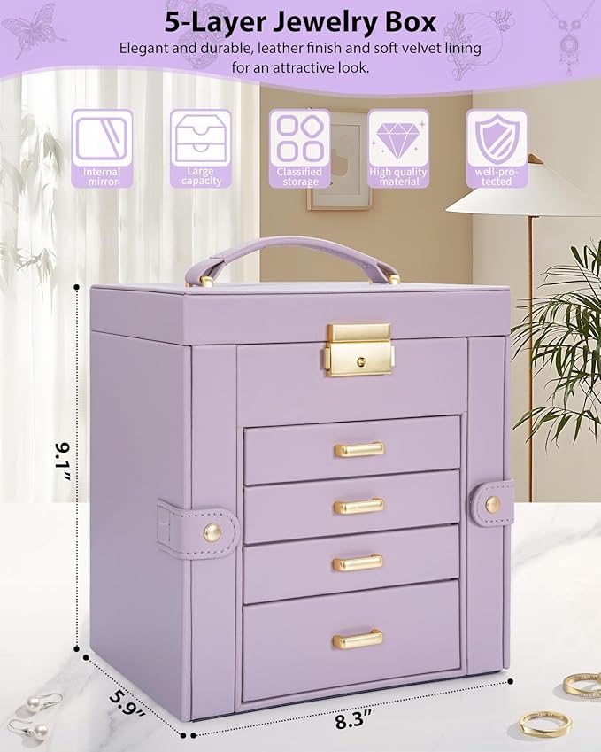 AKOZLIN 5-Tier Jewelry Box Leather Jewelry Storage Organizer with 4 Drawers Lockable for Women Girls Ring Necklace Earring Bracelet Watches Holder with Mirror Purple-CubbioJoy