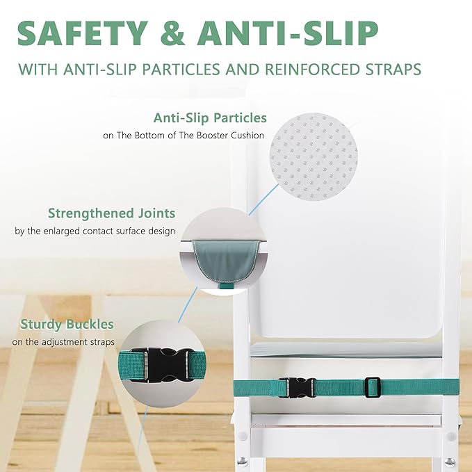 Booster Seat for Kitchen Chair with Adjustable Straps, Toddler Booster Seats for Dining Table Portable for Travel Camping Eating, Booster Cushion for Table for Baby Child Infant Kid Boy Girl-CubbioJoy