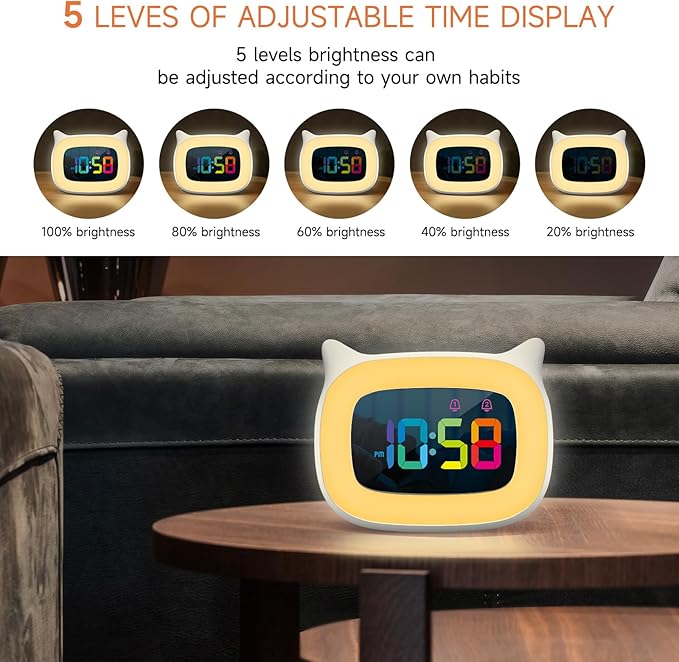 Cute Cat Ear Alarm Clock with RGB 7 Color Night Light & 18 Ringtones,Rechargeable Clock for Kids Bedroom,LED Colorful Digital Display,Bedside Clock for Boys,Girls Birthday Presents(White)-CubbioJoy