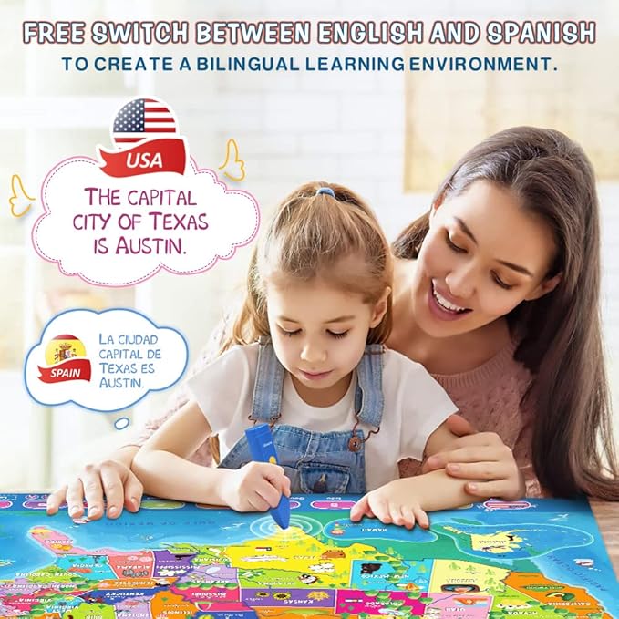 Bilingual Interactive for Kids Talking USA Map for Kids Learning, Geography Toys Games Educational Electronic Map Christmas Personalized Gift/Toys for 4 5 6 7 8 9 10 Year Old Girls/Boys-CubbioJoy