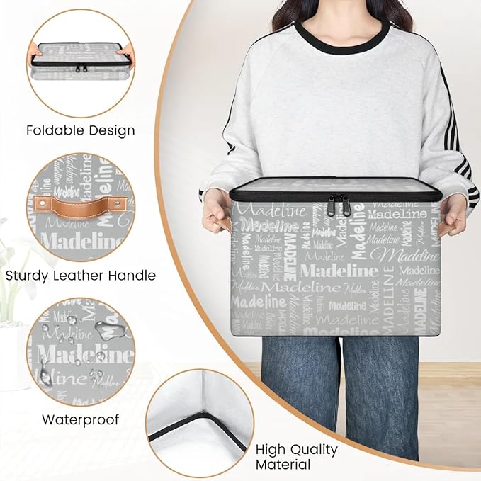 Custom Storage Basket with Name, Personalized Storage Bins with Zipper Lid, Foldable Fabric Storage Box Large capacity with Handle Grey-CubbioJoy
