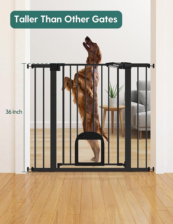 Babelio 36" Tall Upgraded Baby Gate with Cat Door,29-43" Auto Close Durable Dog Gate for Stairs,Doorways and House,Easy Walk Thru,Includes 4 Wall Cups,Black-CubbioJoy