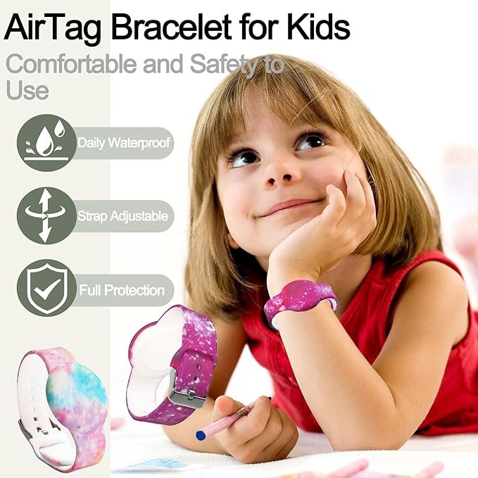 4 Pack Waterproof Bracelet for AirTag Kids, Hidden Printed Wristband for Apple Air Tag, Silicone Holder for AirTag GPS Tracker Case for Band for Child Toddler, Secure Anti-Lost Protection-CubbioJoy