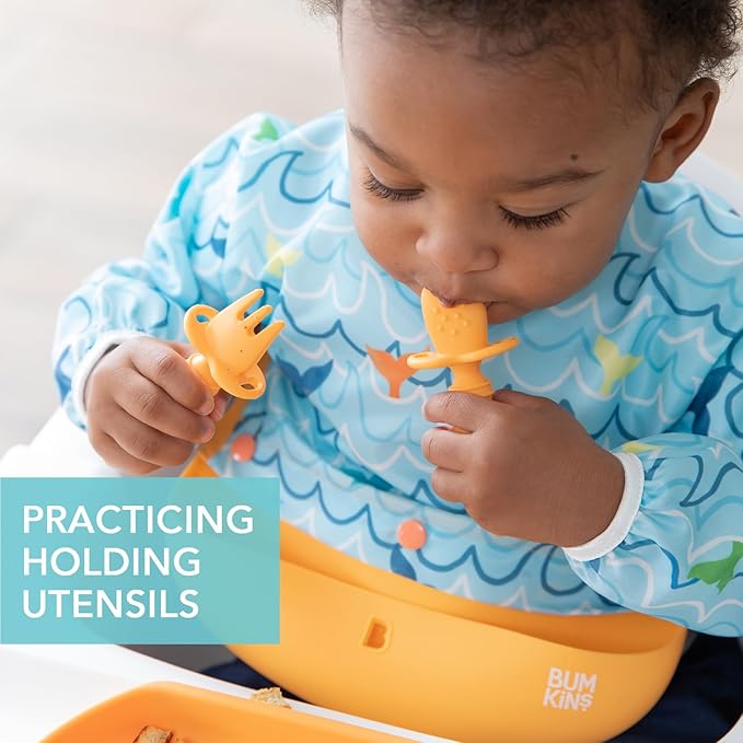 Bumkins Baby Utensils Set, Chewtensils Silicone Spoons for Dipping, Self-Feeding, Baby Led Weaning, Trainer Learning, First Stage Eating, Soft Practice Fork and Spoon, Babies 6 Months, Tangerine-CubbioJoy