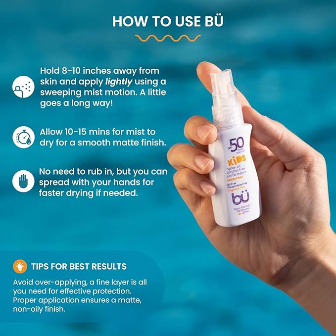 BU SPF 50 Fragrance Free Kids Sunscreen Spray for Face and Body, TSA Travel Size Sunscreen, Clear Non Aeorsol Spray, Non Greasy, Water Resistant and Oil Free, 1 oz (4-pack)-CubbioJoy