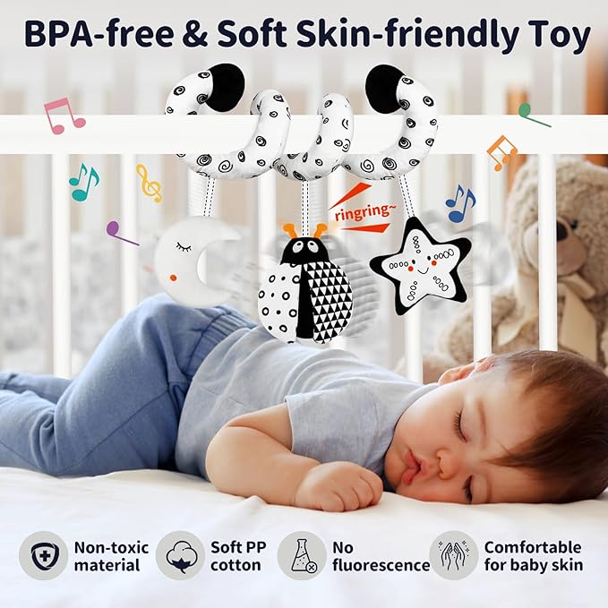Car Seat Toys for Babies 0-6 Months,Hanging Rattle Toys for Crib Mobile, Baby Spiral Hanging Stroller Black and White High Contrast Toys for Newborn 0 3 6 9 12 Months Baby Boys Girls (Bug)-CubbioJoy