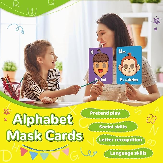 Alphabet ABC Flash Cards with Animal Masks, Animal mask Alphabet Cards, Interactive Education Games, Learn Letters, English Phrases(26 Pcs Colorful)-CubbioJoy