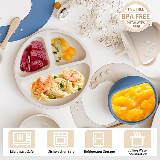Silicone Baby Feeding Set | Baby Led Weaning Supplies Includes Suction Bowls and Divided Plates, Adjustable Bib, Baby Utensils Spoons and Forks,Cup | Baby Feeding Essentials (Beige)-CubbioJoy