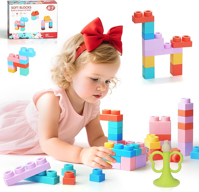 22 Pcs Soft Building Blocks for Toddlers 18M+, BPA - Free Sensory Teether Toys, Montessori STEM DIY Bricks, Early Learning Creative Stacking Set, Safe Baby Construction Toys-CubbioJoy