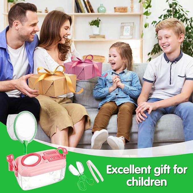 2Sets Bug Catcher for Kids - Sturdy Kids Bug Catching Kit Gifts with Collector Butterfly Net Tweezer, Bugs Habitat Outdoor Explorer Kit for Age 3 4 5 6 7 8, 8Pcs, Green & Pink-CubbioJoy