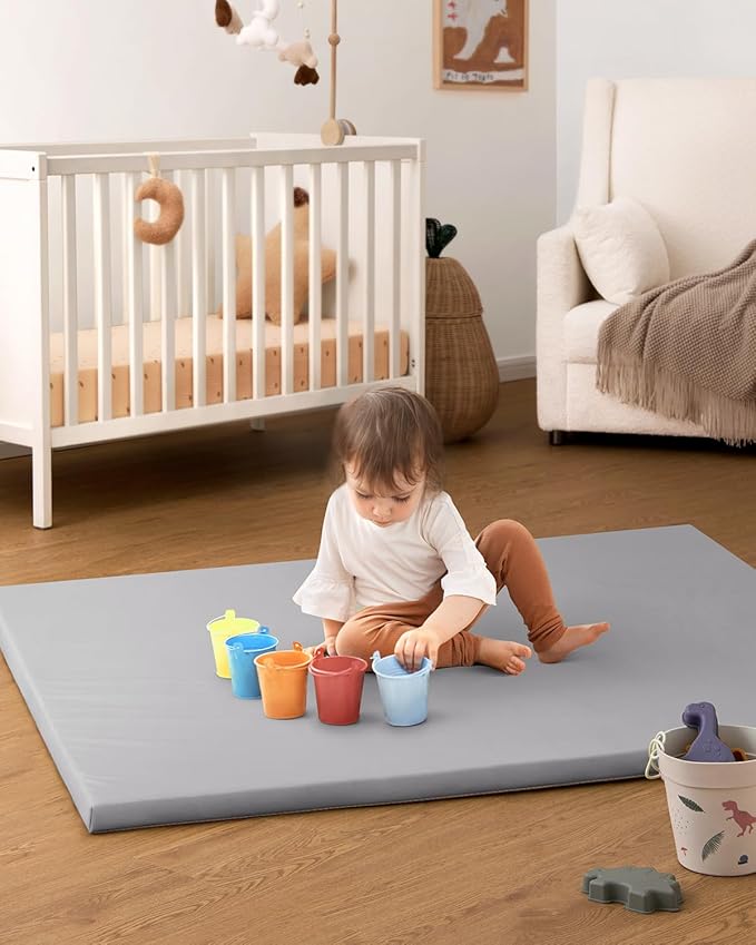 Blissful Diary Vegan Leather Baby Play Mat, 50x50 Thicken Foam Cushioned & Waterproof Playpen Mat for Infants and Toddlers, Stylish and Just Wipe-Clean Playmat for Baby Play on Floor, Light Gray-CubbioJoy
