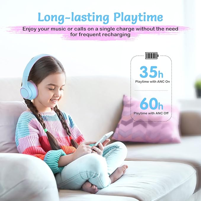 Active Noise Cancelling Headphones for Kids, 60H Playtime,Purple Wireless Bluetooth Over-Ear Headset Built-in Microphone for Home/School/Travel/Party - Includes Portable Case-CubbioJoy
