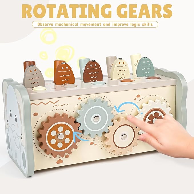 Joyreal Wooden Montessori Toys for 1 Year Old - Hammering Pounding Toy with Xylophone & Fishing Game - Educational Toddler Activities for 1 2 3 Year Old Christmas Birthday Gifts-CubbioJoy