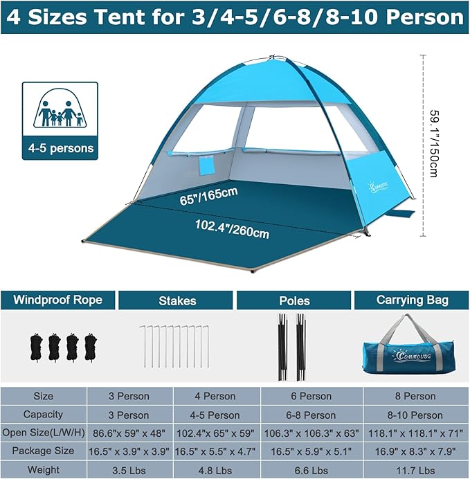 COMMOUDS Beach Tent Sun Shade for 3/4-5/6-7/8-10 Person, UPF 50+ Beach Sun Shelter Canopy Tent, Lightweight, Easy Set Up and Carry-CubbioJoy