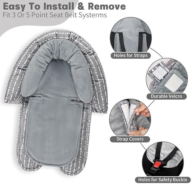 Infant Car Seat Insert, Baby Car Seat Head & Body Support with 2 Strap Pads, Ultra Soft Newborn Preemie Carseat Insert Cushion for Girls Boys, Fits Car Seat, Stroller, Swing, Bouncer, Grey-CubbioJoy