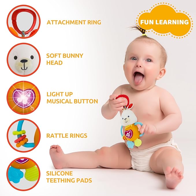 KiddoLab Bunny Teething & Rattle Musical Toy for Infants and Babies - Light-up, Sensory Chew & Interactive Toy for Infants - Baby Basket Stuffer for 3 Months and Up-CubbioJoy