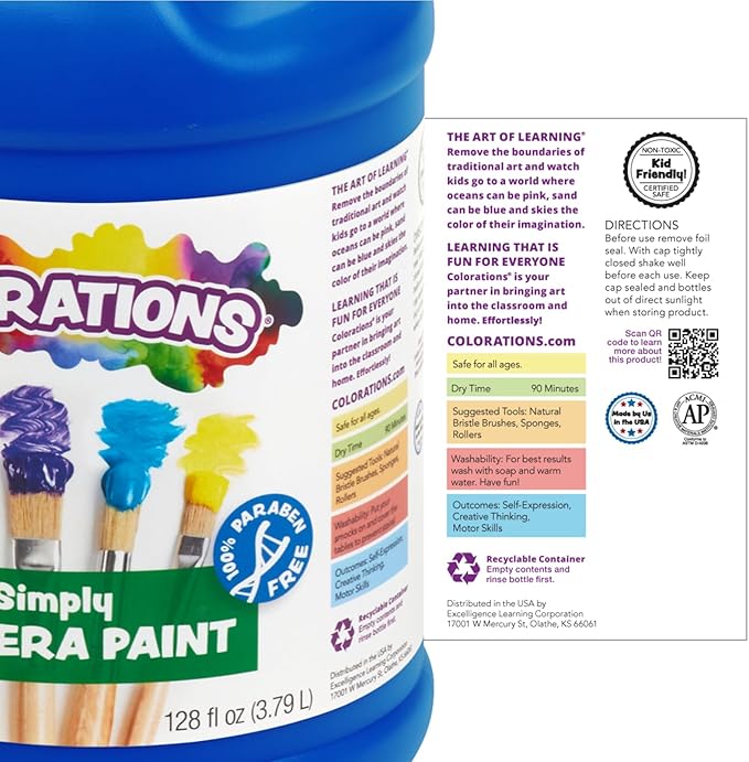 Colorations Paraben-Free Washable Tempera Paint for Kids - Set of 12 Colors, Gallon Value Sizes, Vibrant Poster and Classroom Paint for Creative Projects, Washable, Made in USA, Non-Toxic-CubbioJoy