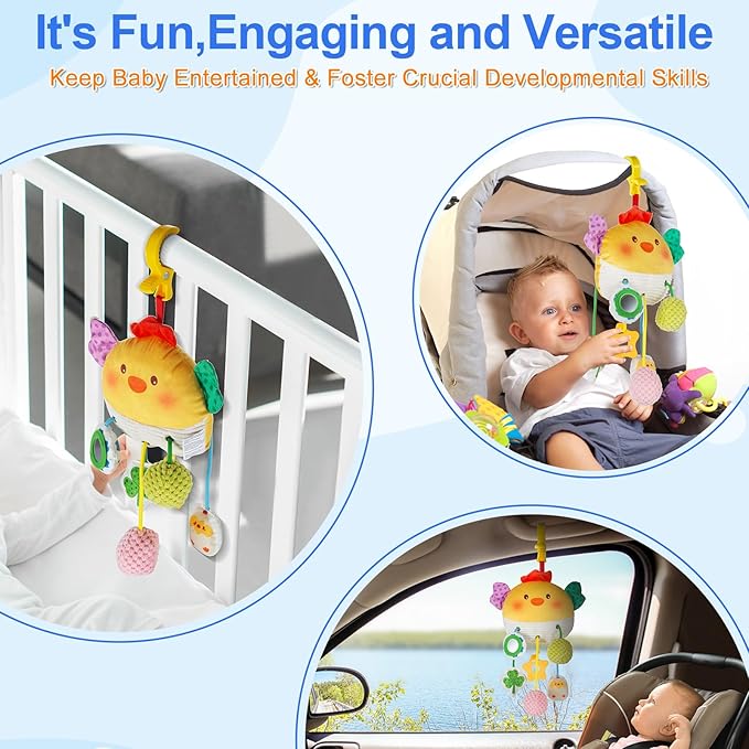 Car Seat Toy for Babies 0-6 Months, Stroller Toy with a Convenient clip, Carseat Toys Hanging Baby Accessories,Built-In Bell, Rattle,Squeaky,Mirror for infant,Babies Gift 0-3-6-12 months Boy Girl-CubbioJoy