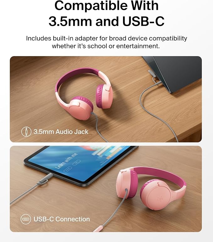 Belkin SoundForm Mini Kids Wired Headphones w/USB C to 3.5mm Dongle, Built-in Mic & Fun Stickers, 85dB Max Volume – for Online Learning, Travel, Compatible w/iPhone 16, iPad, Galaxy S25, etc - Pink-CubbioJoy