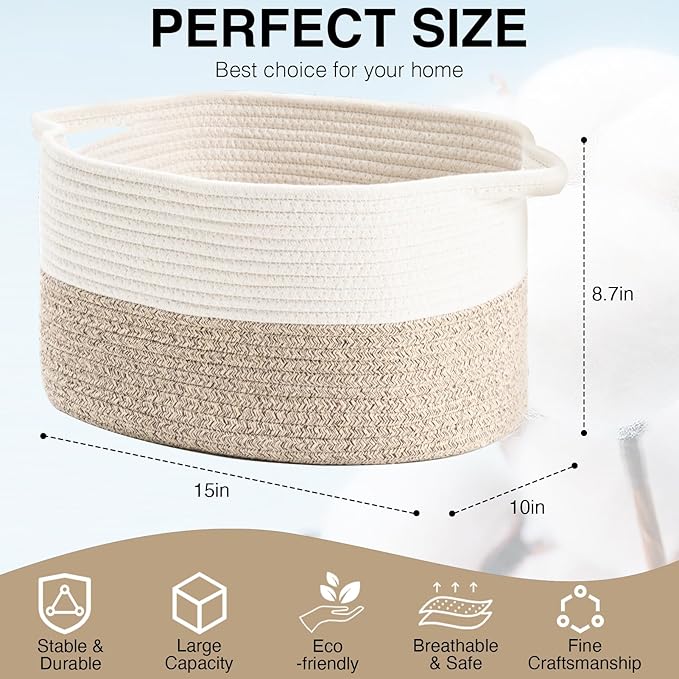 Cotton Rope Woven Storage Basket, Used for Baby Hamper Toy Organizer, Gift Baskets Empty,Kids Laundry Basket,Baby Blanket Basket. Size 15x10x8.7 Inches. (White&Brown-3PCS)-CubbioJoy