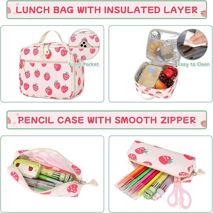 Backpack for Girls 3pcs Set Kids Backpack with Lunch Box Students Kawaii Book Bag for Elementary Primary Middle School Bags - Ita Backpack - Strawberry-CubbioJoy