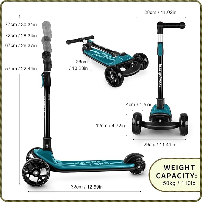 Besrey Kick Scooter for Kids Ages 3-10, 3-Wheel Folding Scooter with Adjustable Height, LED Light Wheels, Extra Wide Deck for Outdoor Activities-CubbioJoy