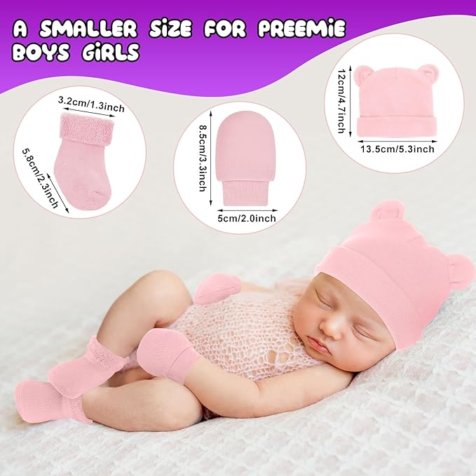 Cuffbow 4 Pcs Preemie Hats Mittens and Socks Set Preemie Mittens Warm Terry Socks for Baby-CubbioJoy