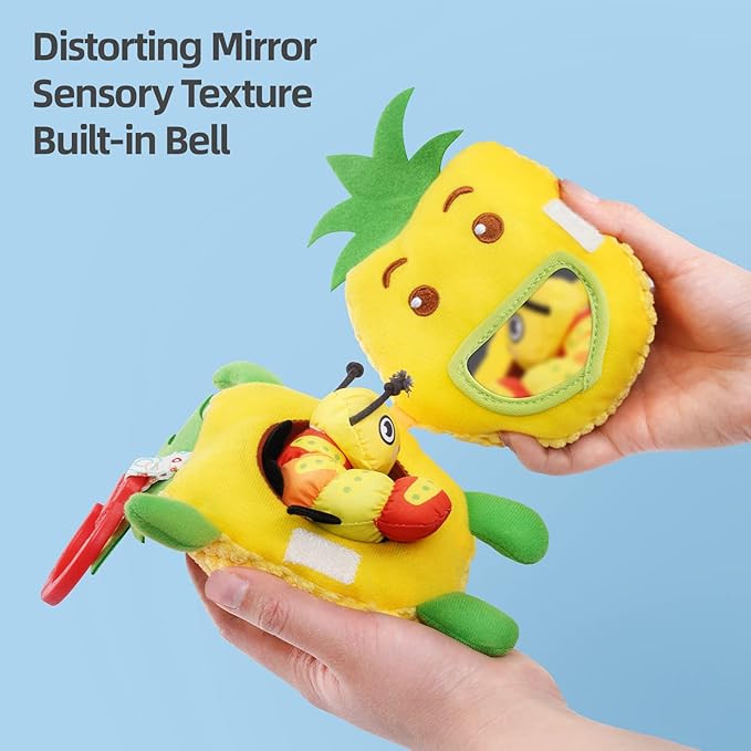 Jollybaby Newborn Plush Stuffed Fruit Rattle Toy for Stroller Car Seat Crib, Montessori Sensory Plush Pineapple Toy with Rattle and Mirro Toy for Baby 0-6-12 Month, Infant Baby Boy & Girl Shower Gift-CubbioJoy