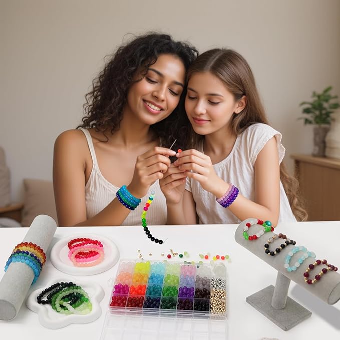 JULIMAIDONG 8mm Glass Beads for Bracelets 1000pcs, 24 Colors Round Crystal Glass Bracelet Beads Making Kit for Jewelry Making Kits Bead DIY Crafts with Spacer Charms Accessories (8MM, 24 Color)-CubbioJoy