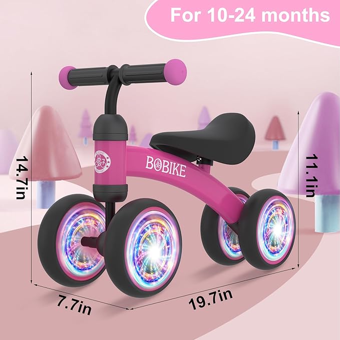 Baby Balance Bike Toys for 12-36 Months Kids Toy Boy and Girls Gifts Toddler Best First Birthday Gift Children Walker No Pedal Infant 4 Wheels Bicycle (Colorful, Rose Red-Light)-CubbioJoy