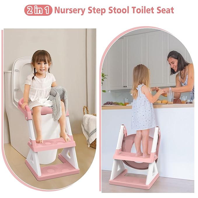 2 in 1 Potty Training Toilet Seat & Toddler Step Stool, Bottom Triangle Stability Toddler Toilet Seat, Adjustable Step & Seat Height Potty Seats for Toddlers Boys Girls (Pink)-CubbioJoy