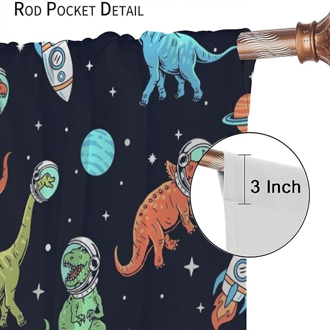 Cartoon Dinosaur Curtains for Kids Boys Girls Home Decor, Astronaut Rocket Funny Outer Space Blackout Rod Pocket Window Drapes for Bedroom Living Room W27.5xL63in 2 Panels-CubbioJoy