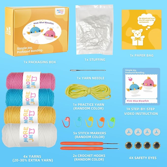 Crochet Kit for Beginners, Learn to Crochet, Include Easy Knitting Soft Yarn, Step-by-Step Video Tutorial, Hook, Holiday Birthday Gift for Adults and Kids(2 Pack Blowfish)-CubbioJoy