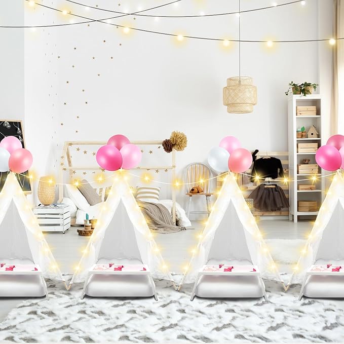 8 Pack Sleepover Tent for Girls Party,Teepee Tent for Kids Slumber Party Bulk with Light String,Air Mattress,Fitted Sheet,Washable Natural Cotton Toddler Teepee Indoor Outdoor(White)-CubbioJoy