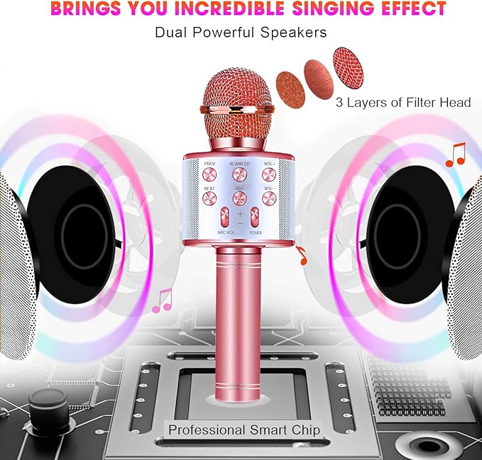 BlueFire 4 in 1 Karaoke Wireless Microphone with LED Lights, Portable Microphone for Kids, Great Gifts Toys for Kids, Girls, Boys and Adults (Pink)-CubbioJoy