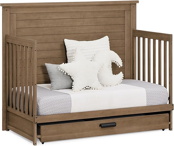 Delta Children Simmons Kids Caden 6-in-1 Convertible Crib with Trundle Drawer, Greenguard Gold Certified, Aged Oak-CubbioJoy