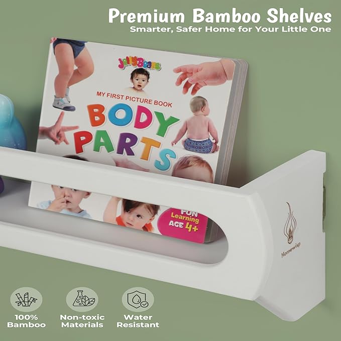 Bamboo Nursery Book Shelves, Fully Assembled For Easy Use - Set of 3 Floating Shelves for Wall Kids, Wall Mounted Book Shelves For Kids Room, Baby Room, Toddler Room, Nursery Decor, 16.5 Inch White-CubbioJoy