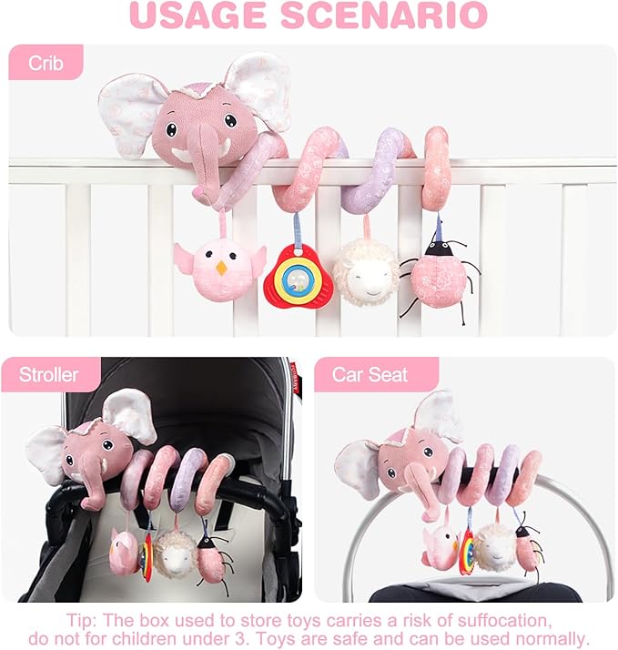 Jollybaby Baby Car Seat Stroller Toys, Plush Activity Hanging Spiral Activity Pram Crib with Music Box, Rattles, Squeaker for Babies Infant Boys Girls(SZ Pink Elephant)-CubbioJoy