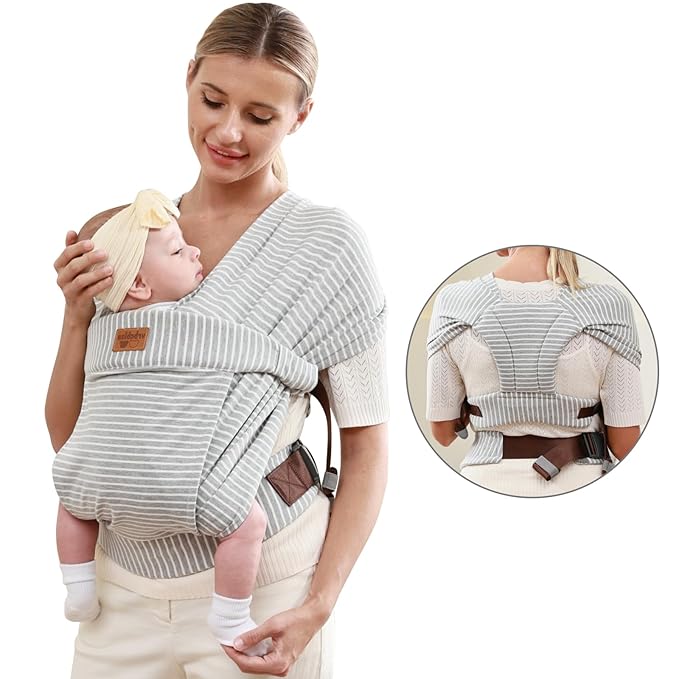 Baby Wraps Carrier Newborn to Toddler, Kangaroo Baby Easy Wearing Wrap, Adjustable Soft Baby Holder Front Chest Sling Carriers Perfect Infant Essentials Gifts (Striped Grey, Cotton)-CubbioJoy