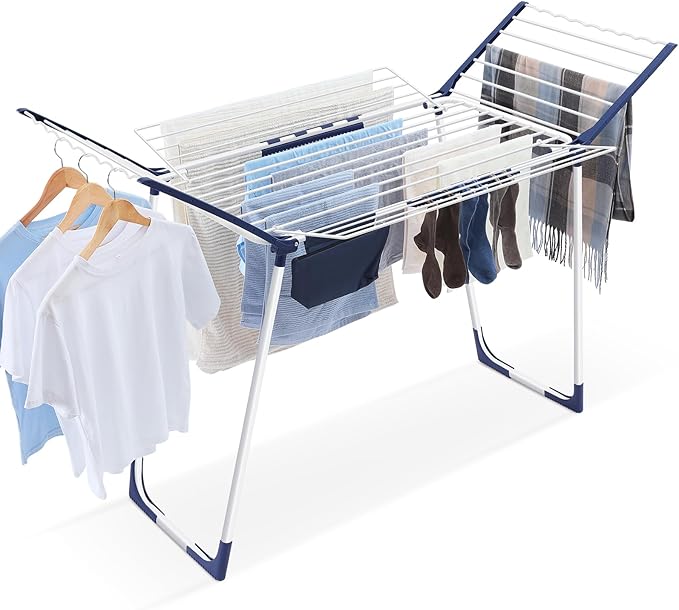 APEXCHASER Clothes Drying Rack Foldable, Drying Rack Clothing Large Space, Winged Laundry Rack with Sock Clips for Hanging Towels Clothes Dress Bedding Indoor Outdoor, White-CubbioJoy